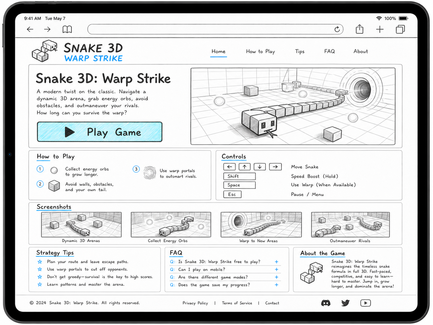 Snake 3D website design shown in iPad landscape orientation