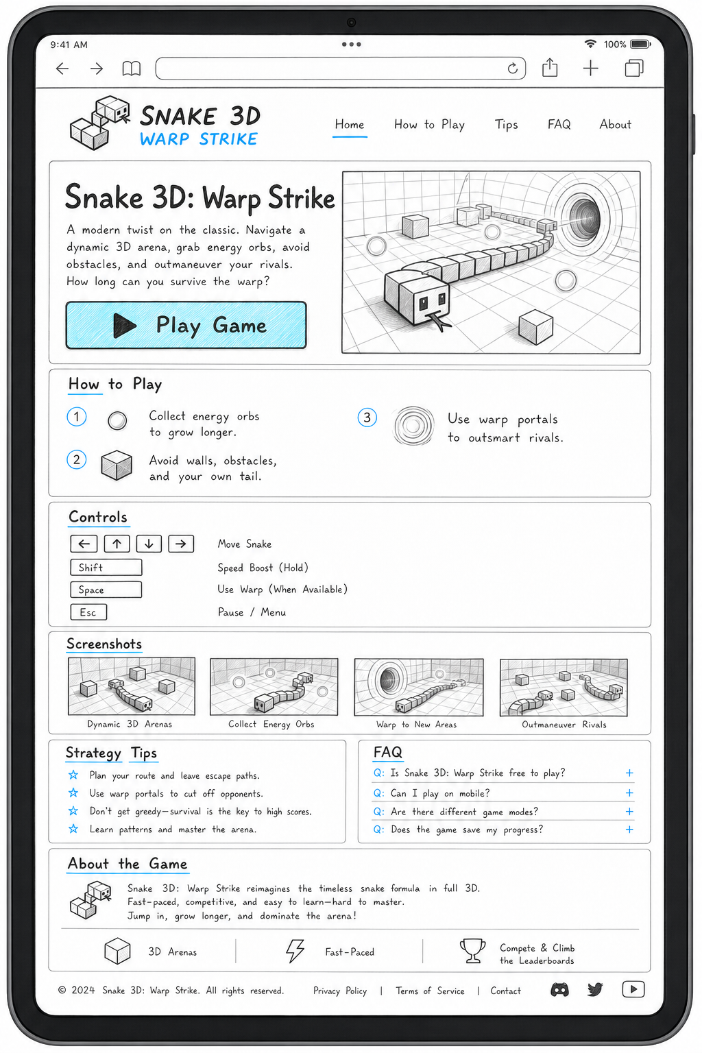 Snake 3D website design shown in iPad portrait orientation