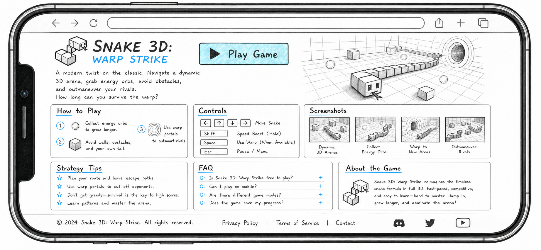 Snake 3D website design shown on an iPhone in landscape orientation