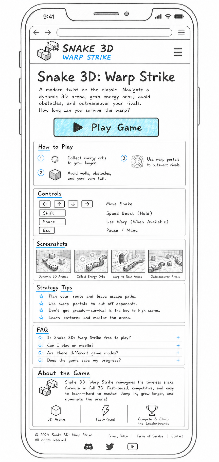 Snake 3D website design shown on an iPhone in portrait orientation